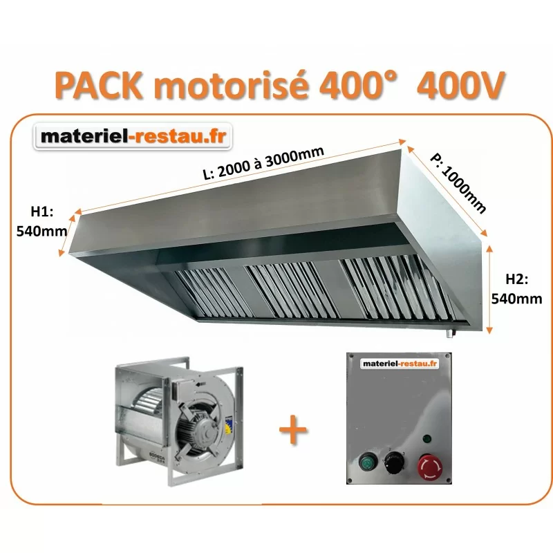 Pack 400° Hotte inox pro de 2.5 m à 3 m + Moteur 400° 3500m3/h 230v+ Variateur 230v