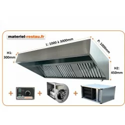 PACK hotte inox CLASSIQUE ANTI-ODEURS: hotte 1 à 2.5m +moteur ventilateur 230v+ caisson filtre à charbon pour cuisine pro