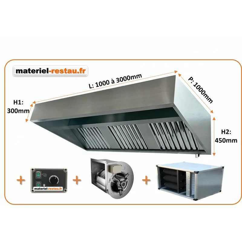 PACK hotte inox CLASSIQUE ANTI-ODEURS: hotte 1 à 2.5m +moteur ventilateur 230v+ caisson filtre à charbon pour cuisine pro