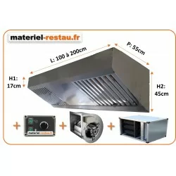 PACK hotte inox COMPACT ANTI-ODEURS: hotte 1 à 2 m +moteur 230v +variateur + caisson filtre à charbon 5 cartouches