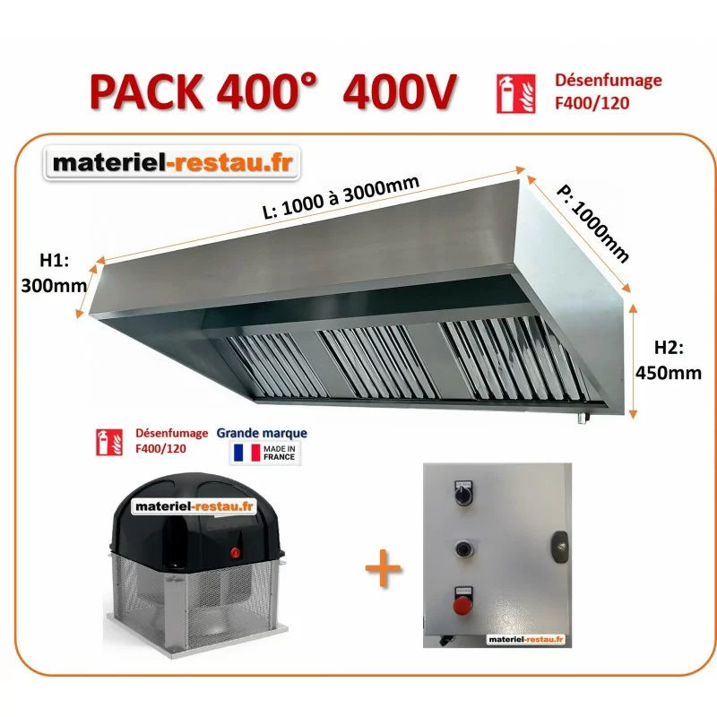 Pack 400°/2h Triphasé: hotte inox professionnelle classique de 2 à 4m+ Tourelle TRI + Variateur de fréquence TRI