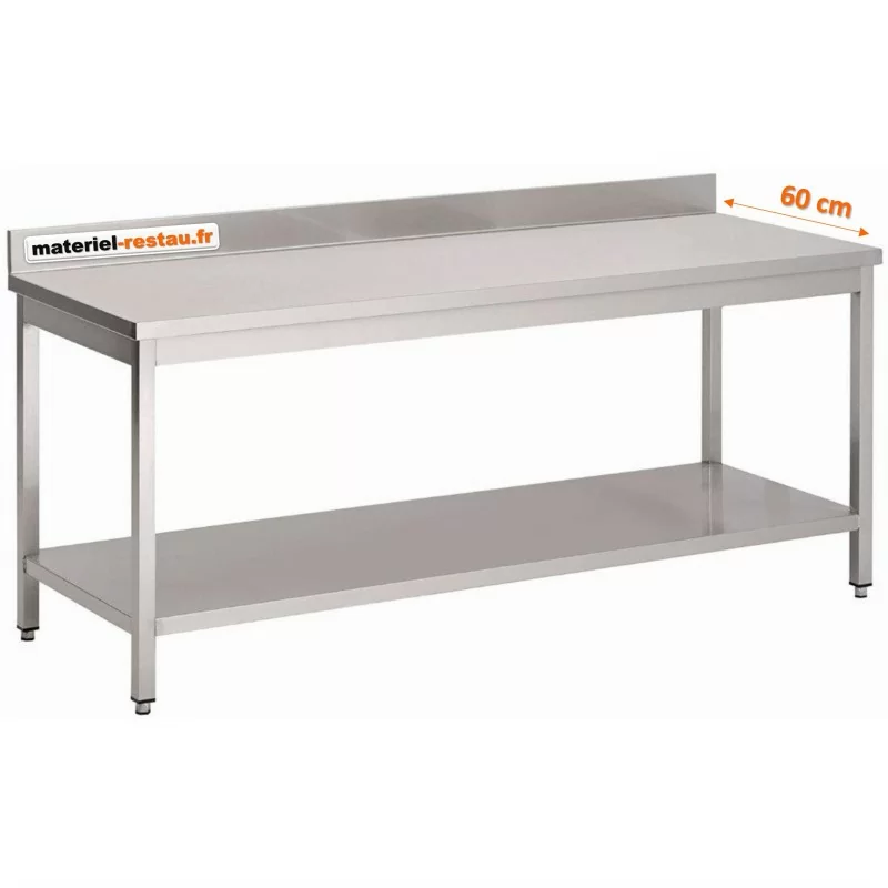 Table inox professionnelle avec dosseret et étagère basse 1500x600 mm