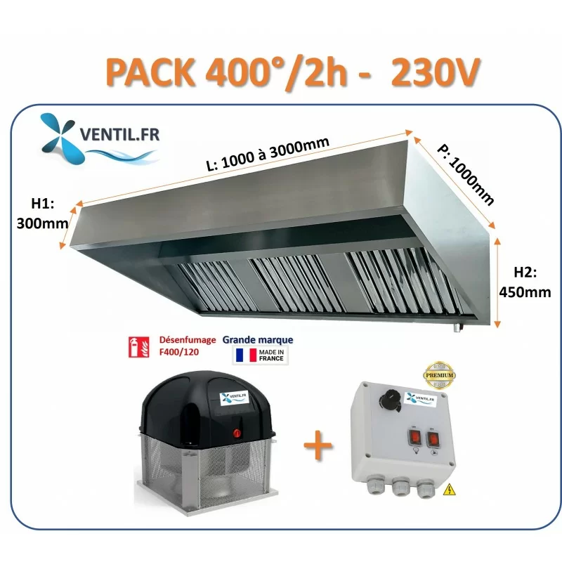Pack 400°/2h 230v: hotte inox professionnelle classique de 2 à 4m+ Tourelle d'extraction 230v + Variateur