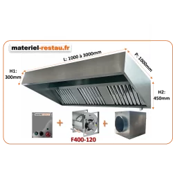 Pack 400°/2h monophasé: hotte inox classique de 2 à 3m+ moteur 9/9 230v+ caisson nu+ Variateur auto-transformateur 230v