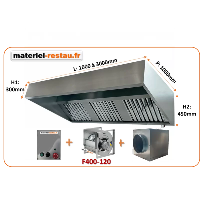 Pack 400°/2h monophasé: hotte inox classique de 2 à 3m+ moteur 9/9 230v+ caisson nu+ Variateur auto-transformateur 230v